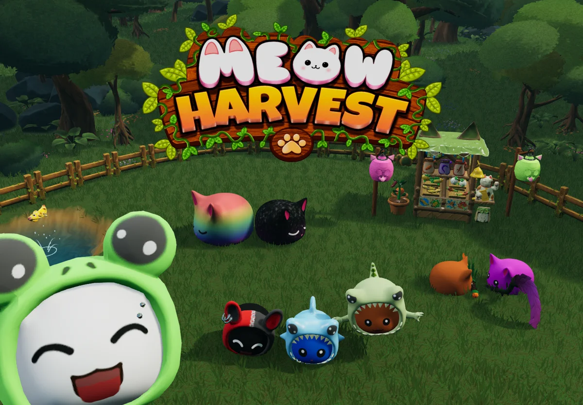Meow Harvest cover featuring colorful cats in animal costumes in a forest